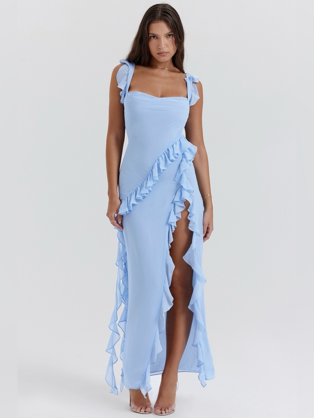 House of CB Ariela Soft Blue Ruffle Sleeveless Maxi Dress size M NWOT